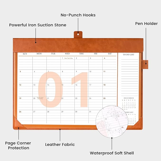 Desk Calendar 2025-2026,24 Month Wall Calendar from Jan 2025-Dec 2026, Large Desk Calendar 17" x 12" with To-Do Lists, Leather Desk Pad Calendar with PVC Cover for Home School and Office,Brown