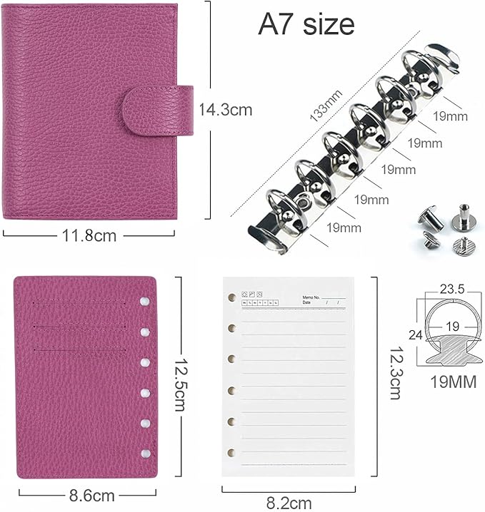 Moterm Pocket Regular Rings Planner - Genuine Leather Binder Organizer (Firm Pebbled-Fuchsia Rose, 19mm Ring)