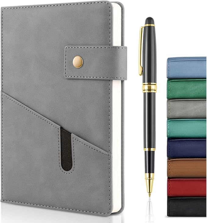 A5 Leather Journal Notebook with Pen, 200 Pages Hardcover Journal with Pocket, 100gsm Thick Lined Paper Daily Diary for Men and Women, Great Gift for Business School Travel Personal - Gray