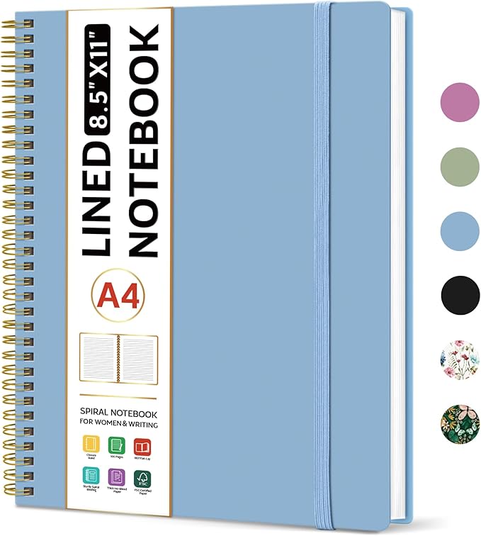 Taja Spiral Lined Notebook, 8.5"x11" Notebooks for Work, Large A4 Journal for Women & Men, College Ruled Journaling Notebook for Writing, Plastic Cover Spiral Journal, Blue