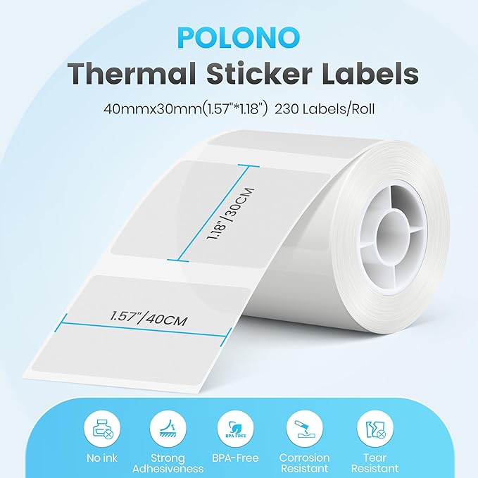 POLONO Thermal Labels for PM220S Label Maker, 1.57"x1.18" (40x30mm), Multi-Purpose Thermal Sticker Label Tape, Self-Adhesive Thermal Paper for Home, Office, 230 Labels/1Roll, Clear