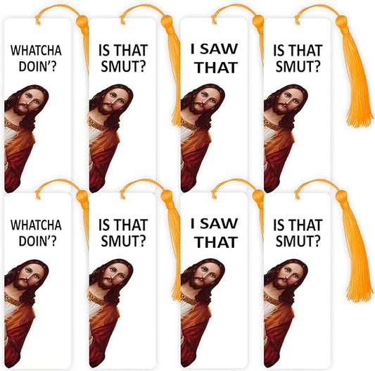 8 Pack Peeking Jesus Bookmark, Peeking Jesus is That Smut Bookmark, Peeking Jesus I Saw That Bookmark, Whatcha Doin'? (Gold)