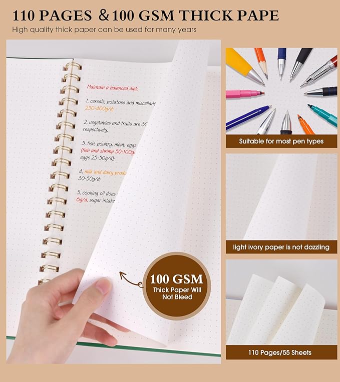 Dotted Notebook, Spiral Notebook Journal 8.5” x 11”, A4 Large Dot Grid Notebooks for Women Men, 100 GSM Dotted Paper, Plastic Hardcover Spiral Bullet Dotted Journals for Work School Sketching, Green