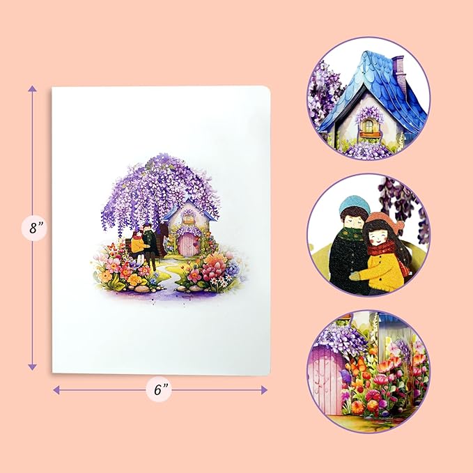 Romantic Couple with Flowering Wisteria and Charming Homestead Design, Valentines Pop Up Cards, Happy Anniversary Pop Up Cards - Perfect Handmade Present for Girlfriend, Wife or Couple