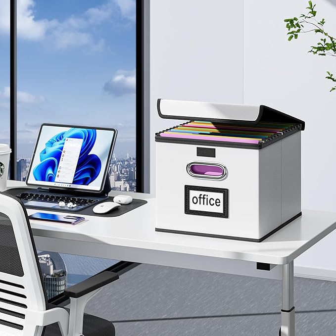 Huolewa Upgraded Portable Leather File Organizer Boxes with Lids, Office Document Boxes Organizer, Filing Boxes, Decorative Small File Boxes for Hanging Files, File Cabinet for Office/Home - 4 Pack