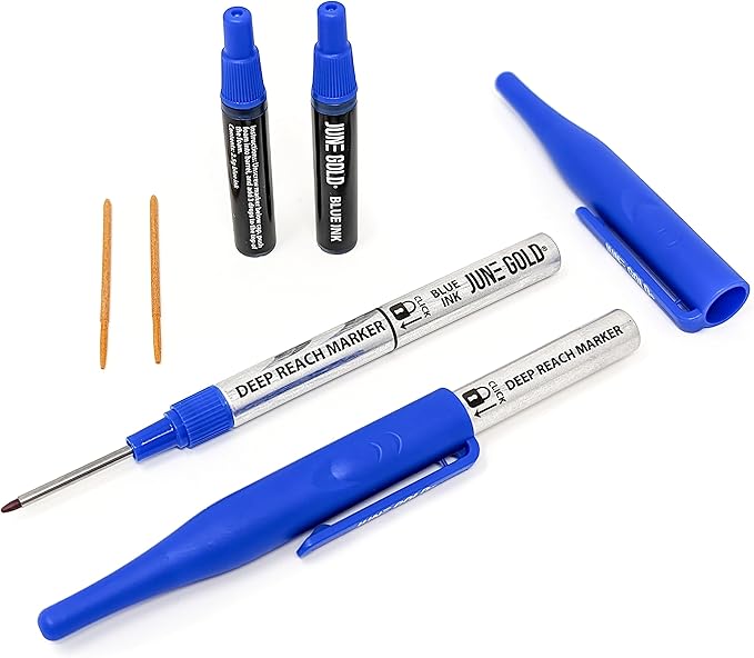 June Gold 2 Blue Deep Reach Markers, 2 Ink Refill Bottles, 2 Tip Replacements, 30 mm Reach & 2 mm Felt Tip