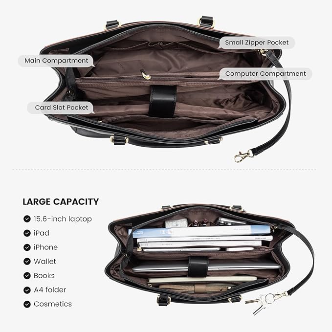LOVEVOOK Laptop Tote Bag for Women, Office Work Bag Briefcase fit for 15.6 inch Laptop, Large Capacity Teacher Computer Bag Handbag Black/Brown