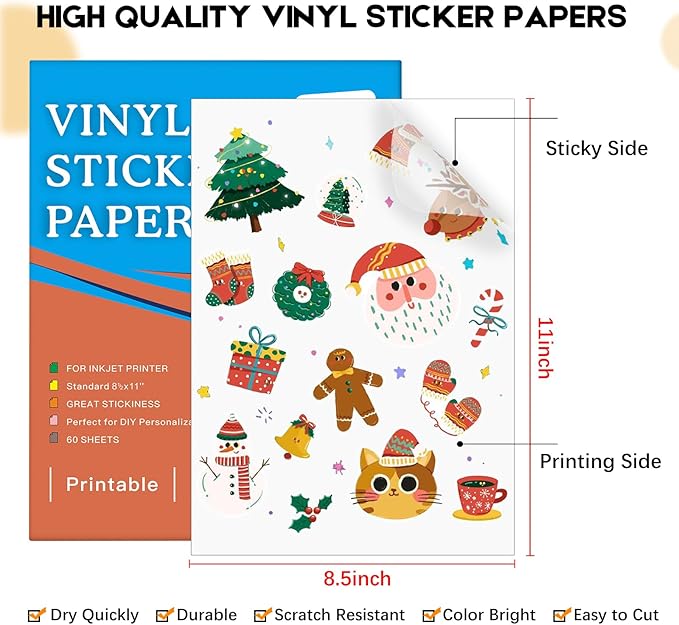 60 Sheets Premium Printable Clear Vinyl Sticker Paper for Inkjet Printer, 8.5x11" Transparently Vinyl Sticker Paper Waterproof, Dries Quickly, Vivid Colors, Tear Resistant, Great for Cutting Machines