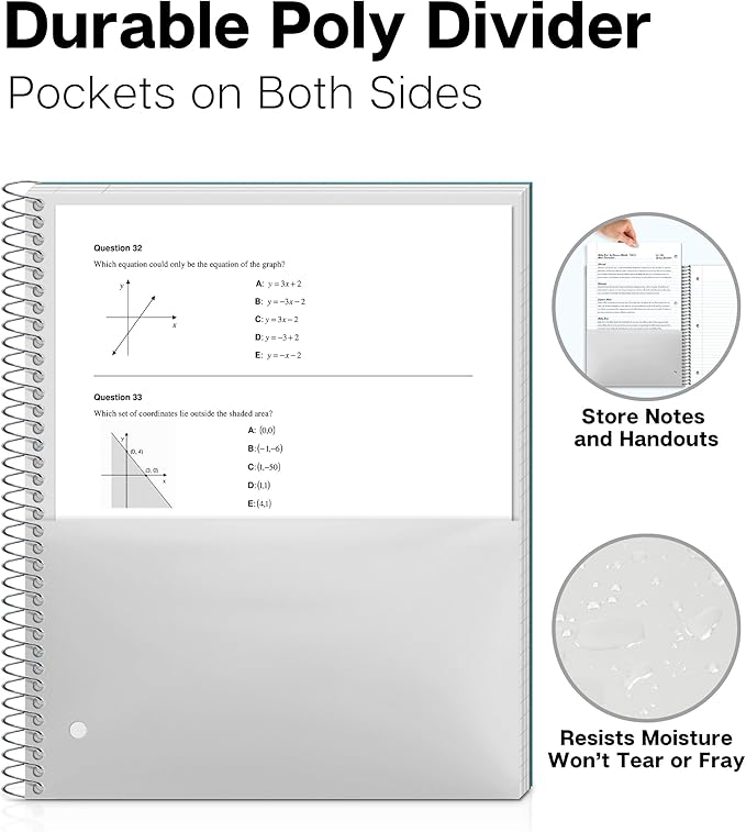Dunwell 3 Subject Notebook College Ruled (Blue), 150 Sheets (300 Pages), Spiral Notebook 8.5 x 11, Plastic Cover, 3 Pocket Divider Folders, 3-Hole Punched Perforated Paper