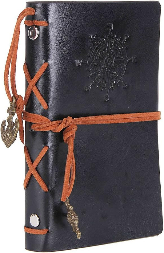 EvZ Leather Writing Journal Notebook, 5 Inches Vintage Nautical Spiral Blank String Diary Notepad Sketchbook Travel to Write in, Unlined Paper, Retro Pendants, Classic Embossed, Black