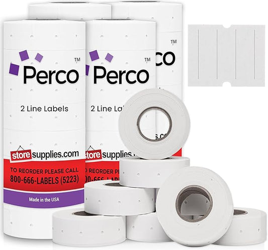 Perco 2 Line White Labels - 32 Rolls, 4 Sleeves, 24,000 Blank Price and Date Gun Labels for Perco 2 Line Price and Date Guns - Made in USA
