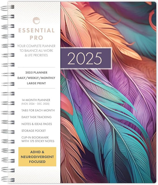 Essential PRO 2025 Daily, Weekly & Monthly Planner, 7"x9": 14 Months (Nov 2024 - Dec 2025) Monthly Tabs,Daily Tracking,Notes Pages,Storage Pocket,Bookmark w Sticky Notes (Pastel Peacock)