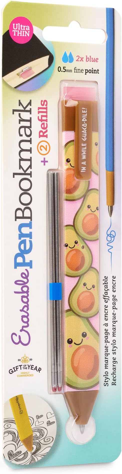 New Pen Bookmark with Refills | Erasable Ballpoint Gel Pen and Bookmark 3-in-1 | Ink Novelty Pen with Eraser | Page Marker | Book Marker | Page Holder Clip | Gift for Reader and Writer (Avocado)