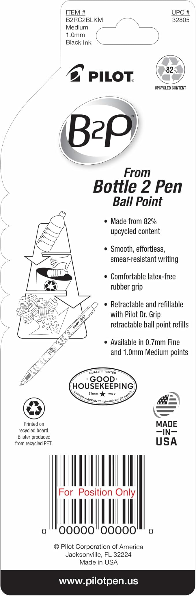 PILOT B2P - Bottle to Pen Refillable & Retractable Ball Point Pen Made From Recycled Bottles, Medium Point, Black Ink, 2-Pack (32805)