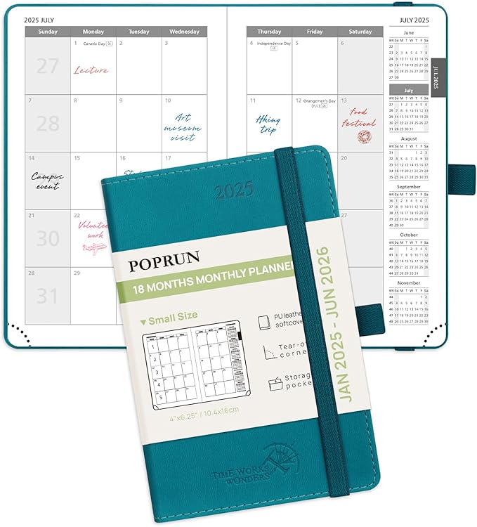 POPRUN Pocket Monthly Planner 2025-2026 (Pocket- 4''x 6.25''Soft Leather Cover) - 18 Month Calendar Book for Purse (January 2025-June 2026), 100 GSM Thick Paper - Pacific Green