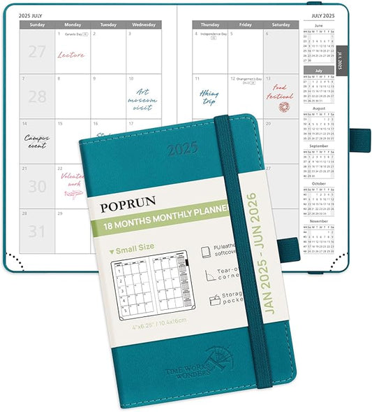 POPRUN Pocket Monthly Planner 2025-2026 (Pocket- 4''x 6.25''Soft Leather Cover) - 18 Month Calendar Book for Purse (January 2025-June 2026), 100 GSM Thick Paper - Pacific Green