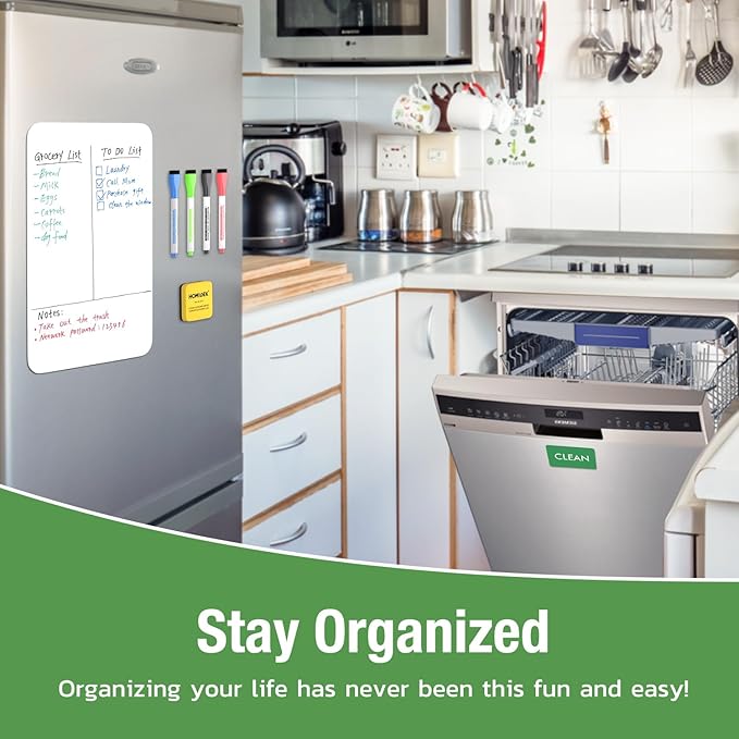 Magnetic Dry Erase Board: Small Fridge Whiteboard, Flexible Refrigerator Magnet White Board, Blank Writing Note Sheet with Dishwasher Magnet Clean Dirty Sign, 4 Markers & Eraser - 20 x 13