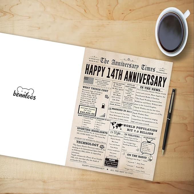 Happy 14th Anniversary Cards Gifts for Women Men, Jumbo 14th Wedding Anniversary Card Gift Ideas for Couple, Lovely 14 Year Anniversary Card for Wife Husband