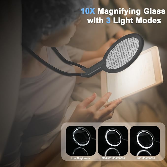 10X Rechargeable Magnifier with Light Hands Free, 5.2" Large Magnifying Glass with 36 LED Light Flexible Gooseneck for Close Work, Seniors (Black)