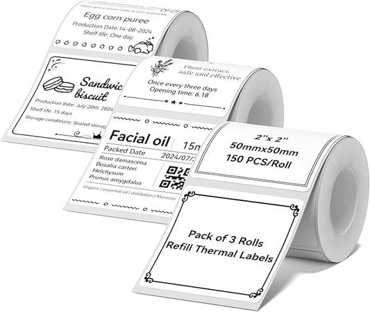 3 Rolls White Labels for NIIMBOT B1 B21 B3S K3 Label Maker, 2'' x 2'' (50x50mm) Printer Labels, Food Labels for Jars, Personalized Editable Labels for Home/School/Office