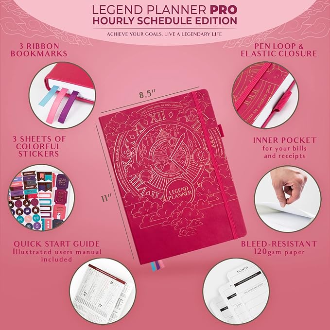 Legend Planner PRO Hourly Schedule - Weekly & Daily Organizer with Time Slots. Appointment Book Journal for Work & Personal, A4 (Hot Pink)