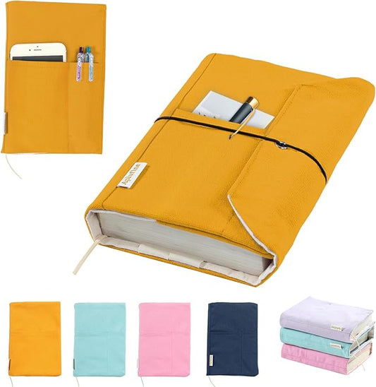 Canvas Book Covers, Washable Book Protector, Book Cover for Paperback Novels, Adjustable Book Cover for Hardcover with Pockets for Pen, Soft Cover Books, Book Lovers Gifts