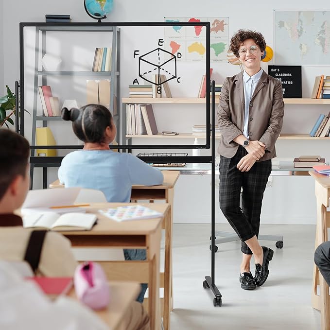 Mobile Clear Glass Whiteboard on Wheels - TANKEE 48" x 32" Dry Erase Board with Stand, Large Rolling White Board with 25 Sheets Paper Pad, Transparent Tempered Glass Board for Office Home School