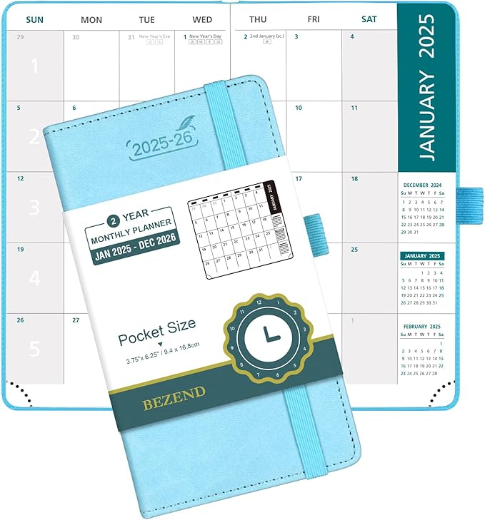BEZEND 2 Year Pocket Calendar 2025-2026 - Small Monthly Planner for Purse 6.5" x 3.5", Runs Jan 2025 to Dec 2026, 100 GSM Paper, Pen Loop & Notes, PU Leather Hardcover in Sky Blue
