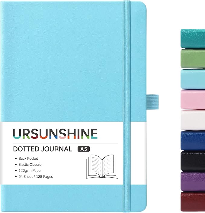 Dotted Journal/Notebook - Dot Grid Hard Cover Notebook, Premium Thick Paper with Fine Inner Pocket, Black Smooth Faux Leather, Pen Loop, 5.3'' x 8.26'' - Light Blue