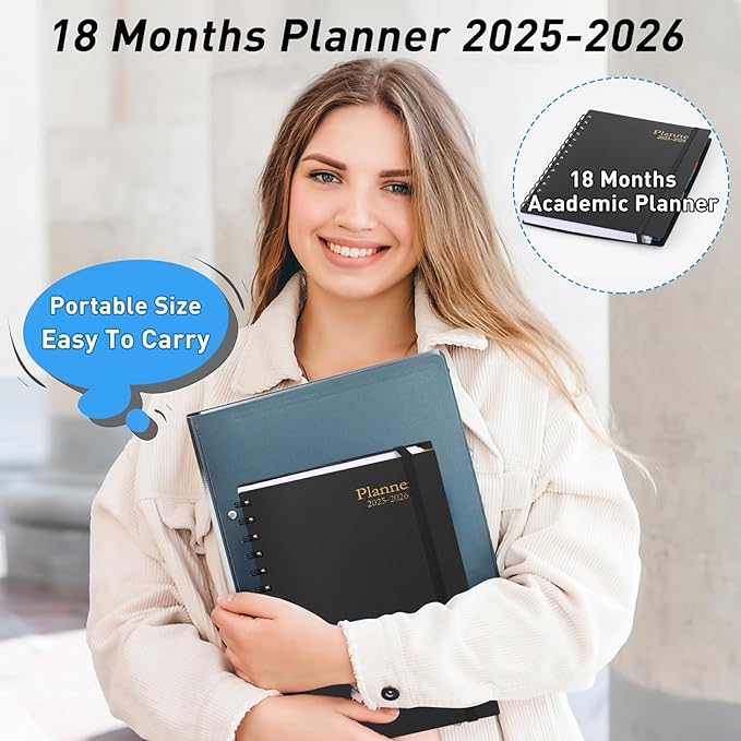 Daily Planner 2025-2026 - 18 Month Planner with Tabs, Calendar Yearly Monthly Weekly Spiral Time Management Planner, January 2025 - June 2026, Flexible Cover, 100GSM Thick Paper, A5 Size, Black