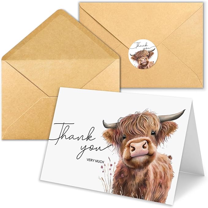 25Pcs Highland Cow Thank You Cards with Envelopes, 4x6 In Farm Cute Watercolor Design Highland Cow Greeting Cards Sympathy Cards Bulk for Wedding, Baby & Bridal Shower - with Sticker