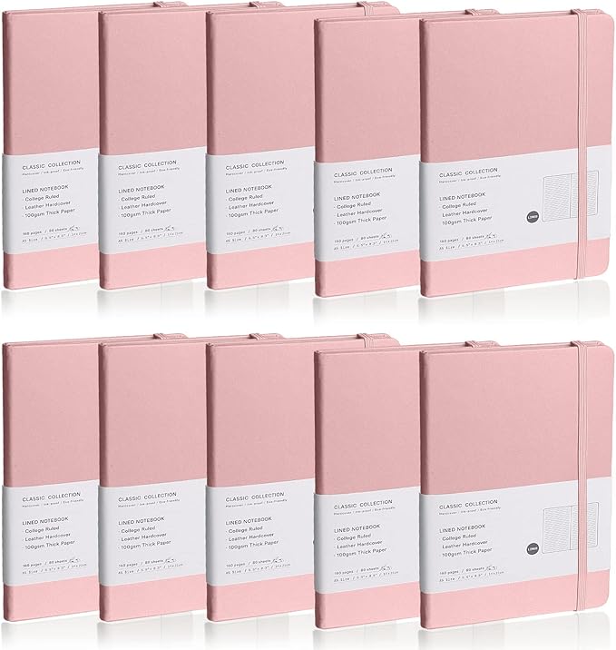 Lined Journal Notebook, 10Pack(Pink), 160 Pages, Medium 5.7 inches x 8 inches - 100 gsm Thick Paper, Hardcover