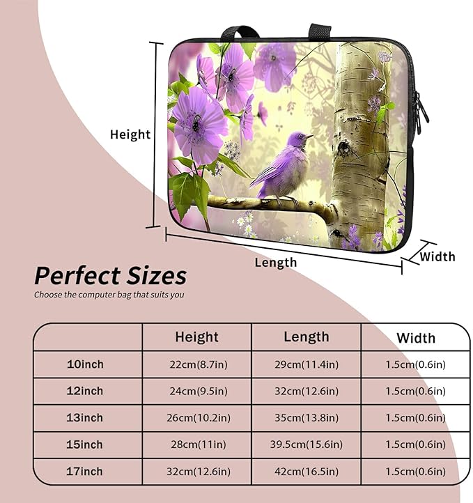Laptop Sleeve Case Bag 15 inch, Purple Florals Hummingbird Slim Carrying Case Durable Handbag Travel Laptop Bag for 15 inch MacBook Air M3/M2/15 Pro/Surface Laptop 7/6/5/4/3/ Dell XPS 15 Plus