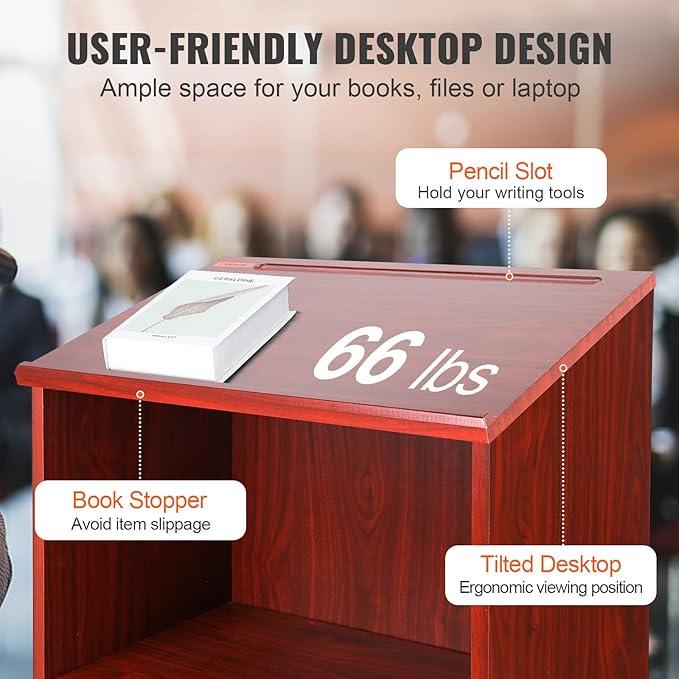 VEVOR Podium Stand, 47 inch Hostess Stand with 4 Rolling Wheels, Wood Podium with Storage Shelves and Slant Desktop, Lecterns & Podiums for Home, Office, School, Church, Brown