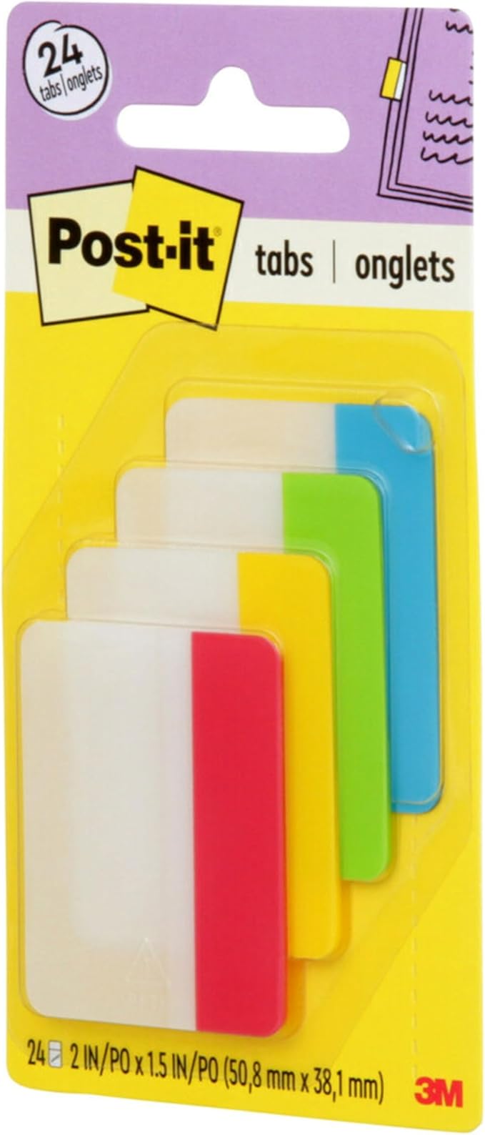 Post-it Tabs, 2 in, Solid, Assorted Primary Colors, 6 Tabs/Color, 4 Colors, 24 Tabs/Pack (686-ALYR)