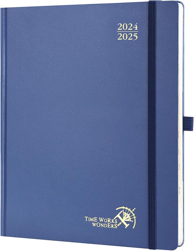 POPRUN Planner 2024-2025, [Large 8.5'' x 10.5'' Hard Cover] Academic Calendar (July 24-June 25) Daily Weekly and Monthly Appointment Book with Hourly Time Slots, Monthly Tabs, 100 GSM - Navy Blue