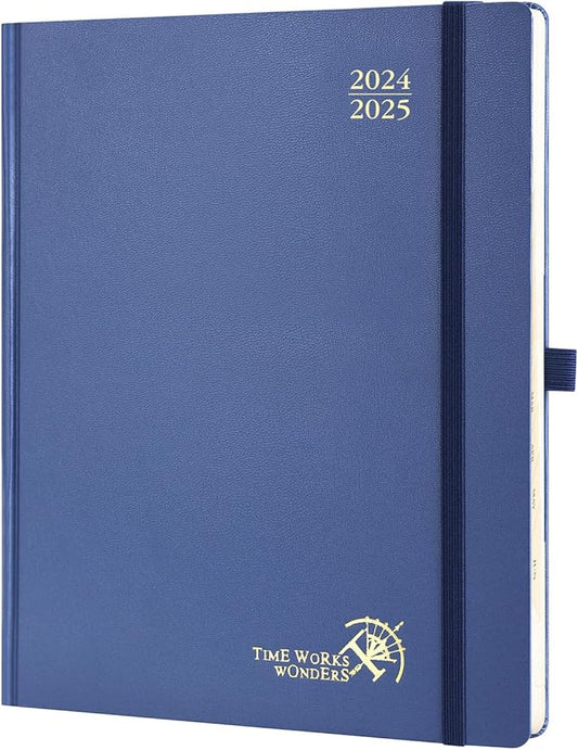 POPRUN Planner 2024-2025, [Large 8.5'' x 10.5'' Hard Cover] Academic Calendar (July 24-June 25) Daily Weekly and Monthly Appointment Book with Hourly Time Slots, Monthly Tabs, 100 GSM - Navy Blue
