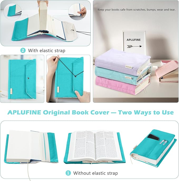 Canvas Book Covers, Washable Book Protector, Book Cover for Paperback Novels, Adjustable Book Cover for Hardcover with Pockets for Pen, Soft Cover Books, Book Lovers Gifts