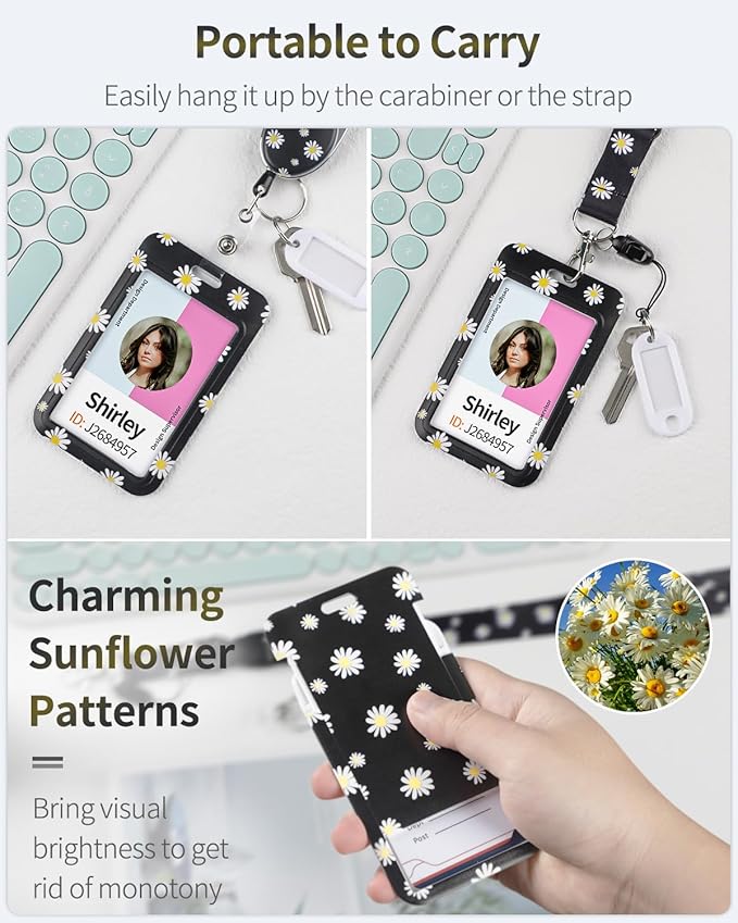 Uniclife Floral Sliding Badge Holder White Flower Plastic Case with Retractable Badge Reel Carabiner Clip & Detachable Lanyard Strap Fashionable Vertical Card Protector for Women Nurse Teacher Student