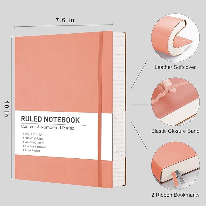 RETTACY Journaling Notebooks, B5 Lined Journal Notebook with 320 Numbered Pages, 7.6" × 10", Medium Size, Journal Notebook for Writing, Work, School, Leather Softcover, 100 GSM Thick Paper (Pink)