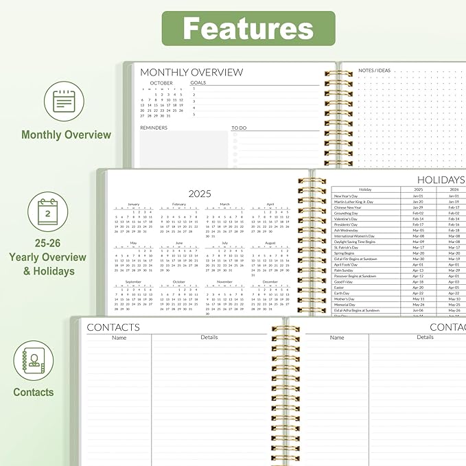 SUNEE 2025-2026 Monthly Planner - 24 Months (Jan 2025 - Dec 2026) Monthly Planner - 7"x10" Monthly Spreads & Yearly Planner, Sage Green