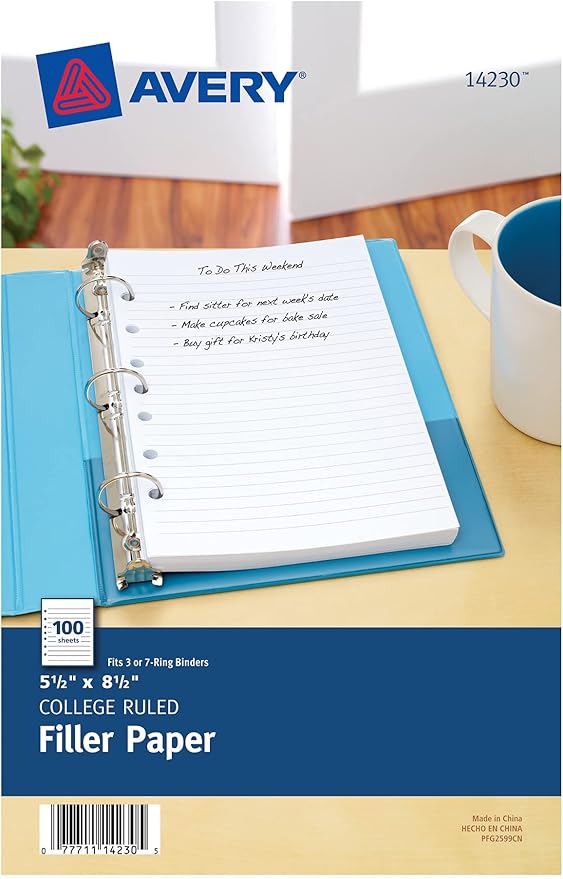 Avery Mini Binder Filler Paper for 3 Ring Binders or 7 Ring Binders, College Ruled, 5.5" x 8.5", 100 Sheets (14230)
