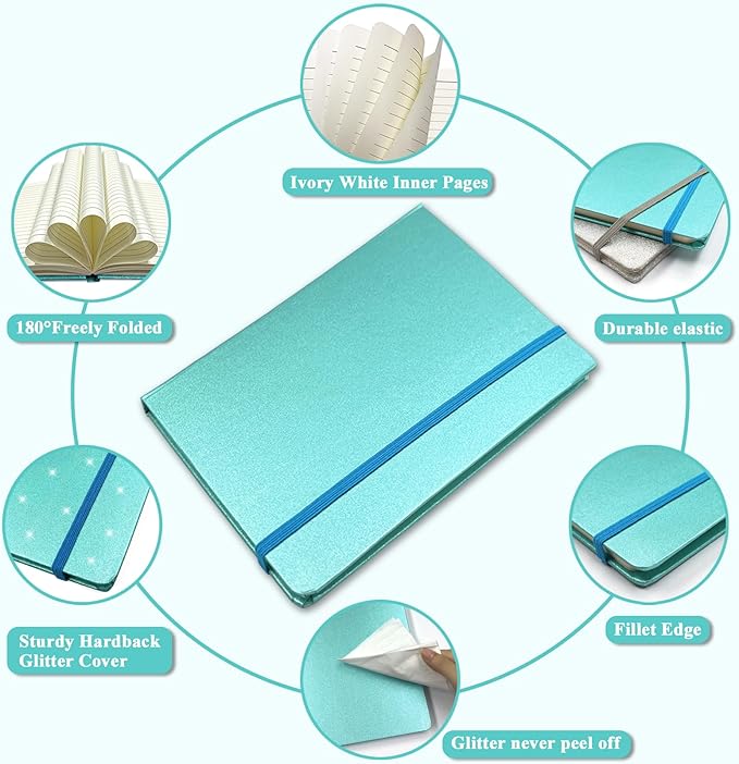 Blue Glitter Notebook, 8.3x5.7” 160 Lined Pages Glitter Never Peel Off Sparkle Journal for Girls College Ruled A5 Hardcover Notebooks for Teens Women Writing Note Taking Office Work School Gifts