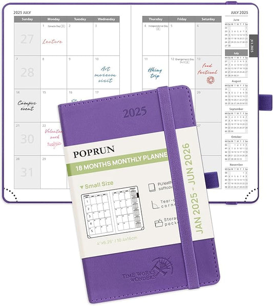 POPRUN Pocket Monthly Planner 2025-2026 (Pocket- 4''x 6.25''Soft Leather Cover) - 18 Month Calendar Book for Purse (January 2025-June 2026), 100 GSM Thick Paper - Purple