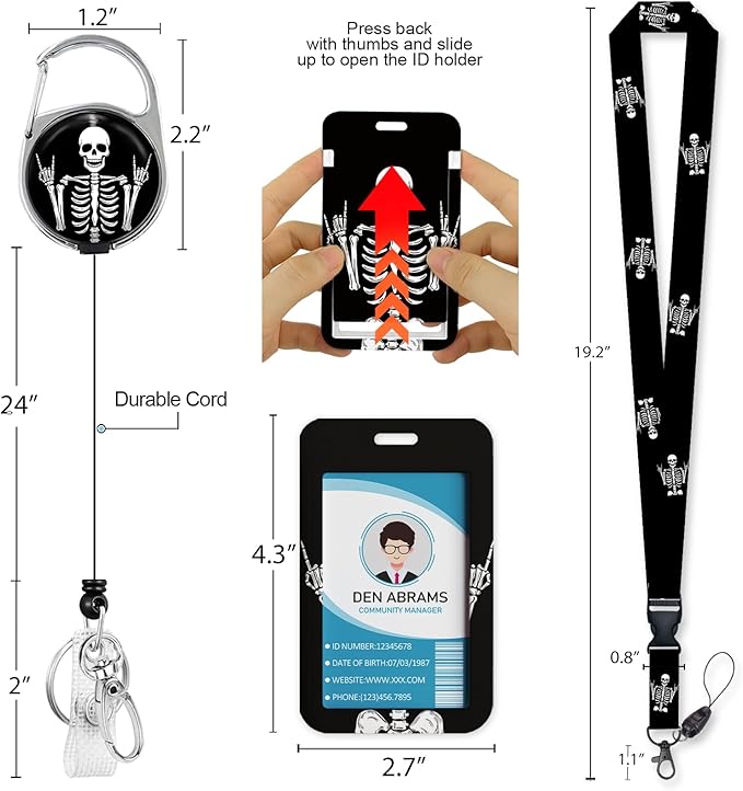 Lanyards for Id Badges, Funny Badge Holder with Retractable Badge Reel Clip, Skull Skeleton Rock Work Name Tag Keychain Lanyard Vertical ID Card Protector for Women Nurse Doctor Teacher Student