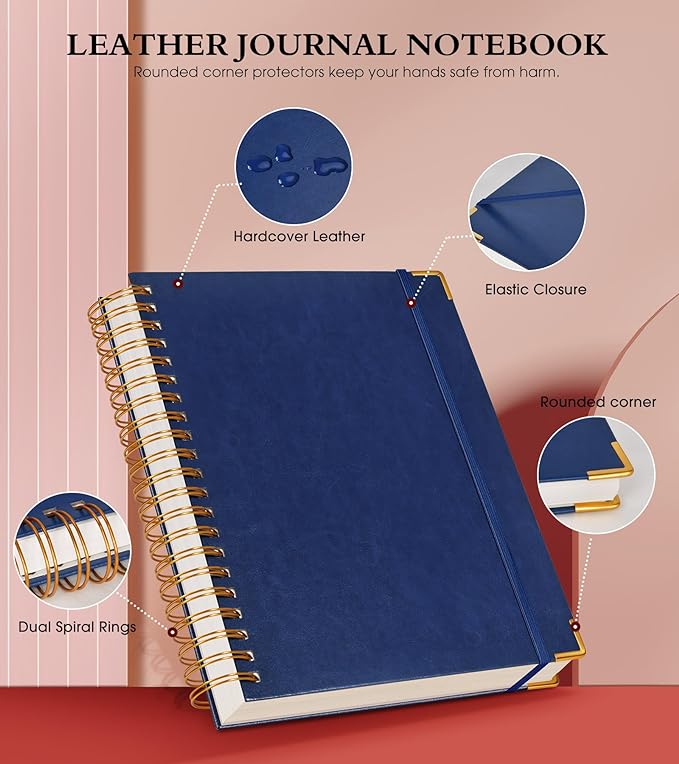 Spiral Notebook Journal 7.6” x 10”, 300 Pages Hardcover Leather Lined Journals for Women Men, B5 Large College Ruled Notebooks with 100 GSM Thick Paper, Spiral Journal for Writing Work School, Navy