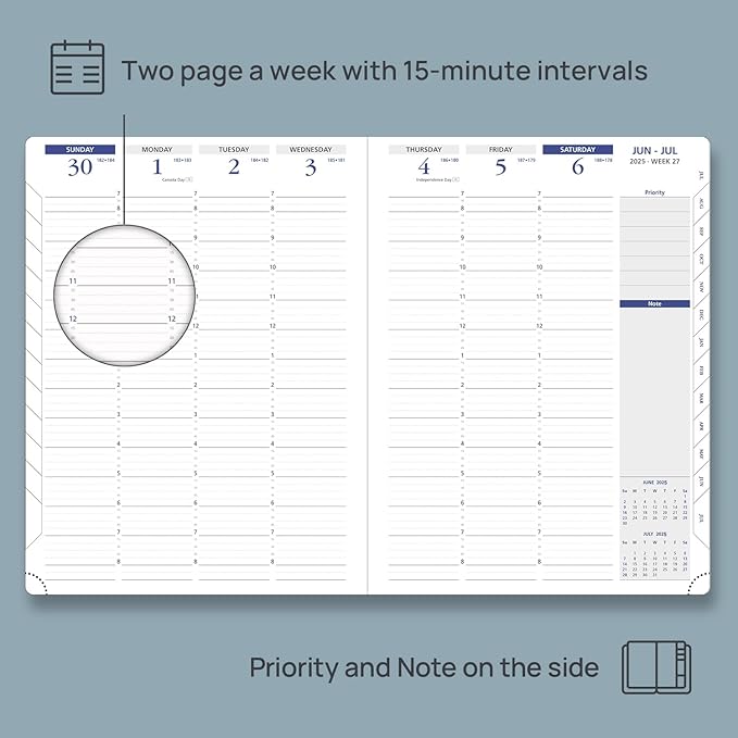 POPRUN 2025 Weekly Planner 8.5" x 11", Quarter-Hourly Appointment Book with PU Leather Soft Cover, Dual Pockets, Gift Box, Monthly Tabs, 100GSM Thick Paper, Sunday Start - Forest Green