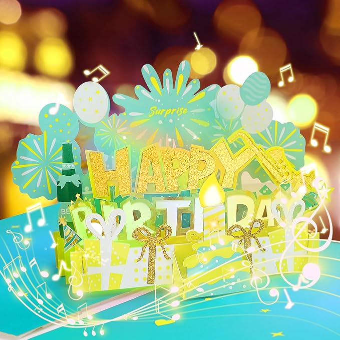 Elegant 3D Pop-Up Birthday Card with LED Lights – Blowable Candle & Music Greeting Card for Women, Mom, Daughter Green Gold