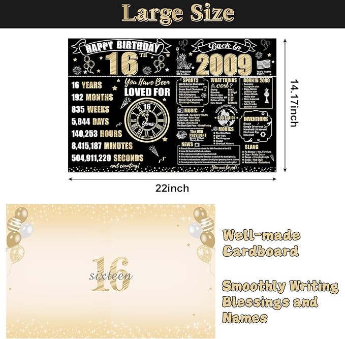 Large 16th Birthday Card With Envelope for Boys Girls, 2009 Black Gold Happy 16th Birthday Giant Guest Signature Book Gifts, Big Vintage 2009 16th Greeting Card Decoration Party Supplies