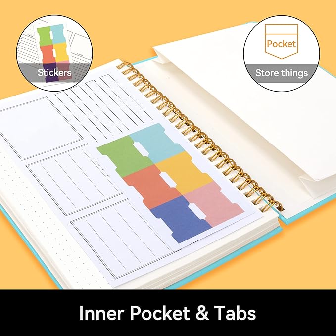 Spiral Dot Grid Notebook Journal, Dotted Paper Notebook, A5 Medium, Hardcover Notebook for Work, ALLTREE Spiral Notebook with Tabs, Pen Loop, Pocket, Stickers, 160 Pages, Journal for Women & Men, Sky Blue(6"x8.5")